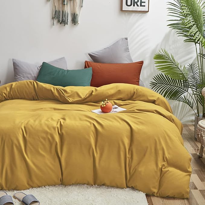 Luxlovery Mustard Yellow Comforter Set King Bright Yellow Bedding Set Soft Breathable Blanket Quilts with 1 Green+1 Caramel Pillowcase Women Men
