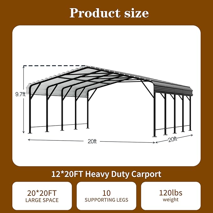 Walsunny Metal Carport 20x20 FT Heavy Duty Carport Canopy with Enhanced Base, Outdoor Car Shelter with Galvanized Steel Roof and Frame Garage for Truck, SUV, Boat, Black
