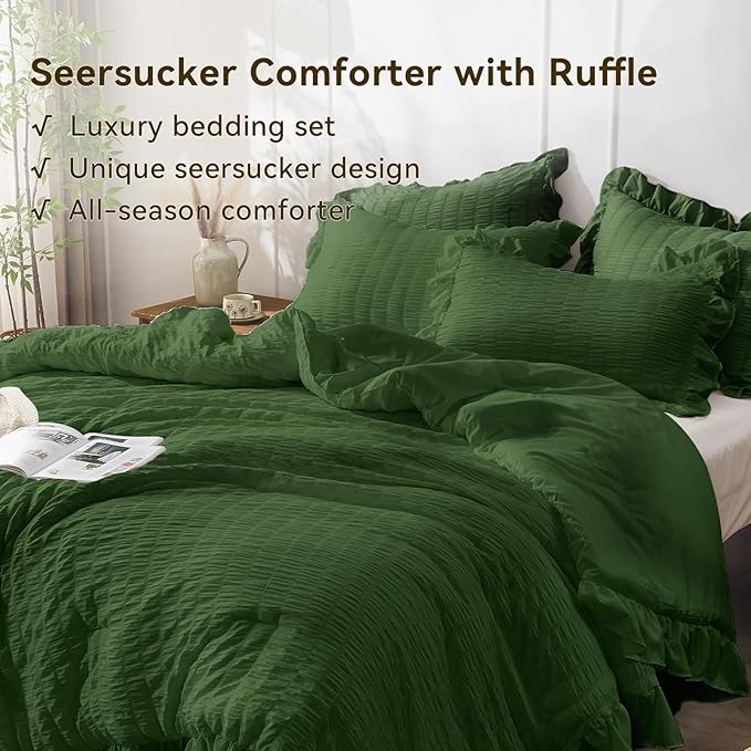 JOLLYVOGUE Dark Green King Comforter Set, 3 Pieces Seersucker Comforters King Size, Lightweight & Fluffy Bedding Sets King for All Season with 1 Ruffle Comforter and 2 Ruffle Pillowshams