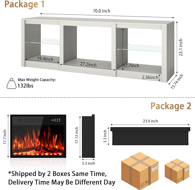 Ludatido 70 Inch Fireplace TV Stand with 23" Fireplace Insert, Entertainment Center with 14-Color LED Lights, Open Storage, Adjustable Glass Shelves, White TV Stand for Living Room Fits up to 80" TVs