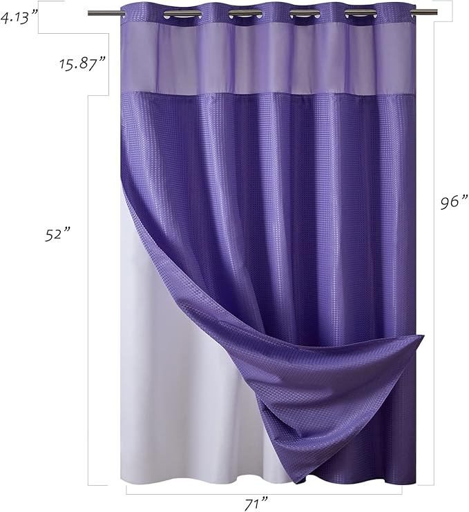 Furlinic Extra Long No Hook Waffle Weave Shower Curtain with Snap in Fabric Liner Set,Heavy Duty Textured Bathroom Curtains with See Through Window,Waterproof & Machine Washable,Purple,71x96 Inch