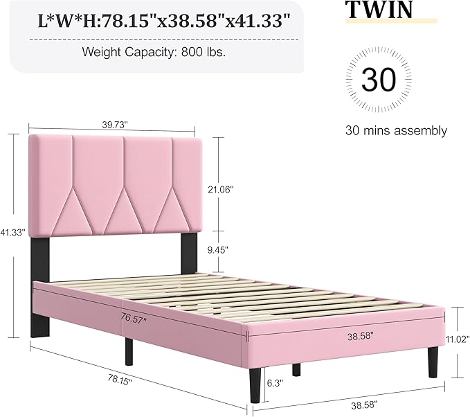 Twin Size Bed Frame, Platform Bed Frame with Velvet Upholstered Headboard, Twin Upholstered Mattress Foundation with Strong Wooden Slats, No Box Spring Needed, Noise Free, Easy Assembly