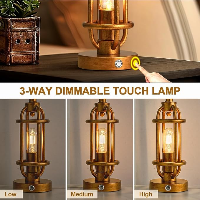 23.75'' Table Lamps Set of 2 for Living Room Bedroom Industrial Farmhouse Metal Touch Lamps with USB A+C Ports, Night Light Vintage Nightstand Bedside Lamp, Bulbs Included, Antique Gold