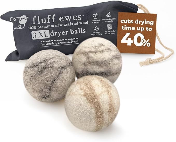 Fluff Ewes Wool Dryer Balls 3 Pack Premium New Zealand Wool Laundry Balls for Dryer, No Static Dryer Balls Laundry Reusable Cute, XL Wool Dryer Balls Cute, Baby Dryer Balls for Dryers - Marble