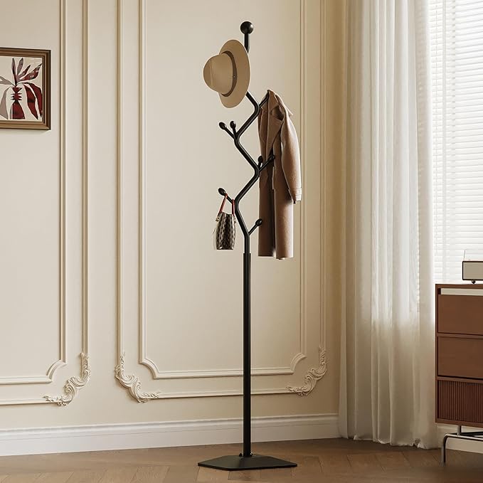 Tree-shaped coat rack,Coat Tree Freestanding with 8 Hooks and Sturdy Metal Base for Coat Hats Purses,Coat Stand for Entryway,Bedroom(black)