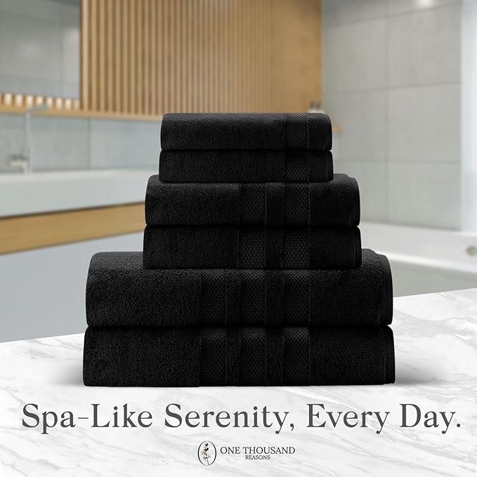 Zero Twist Bathroom Towel Set - Luxury Bath Towel Sets for Bathroom, Hands, and Washcloths - Quick Dry and Absorbent - 6 Pieces, 3 Stripe, Black