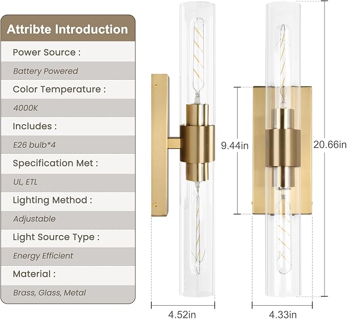 Brass Wall Sconce Set of Two, Battery Operated Wall Sconce, Gold Wall Lamp with Remote Controls, Indoor Non-Hardwired Bedside Wall Sconces, Gold Vanity Light for Bedroom, Vanity, Hallway, etc