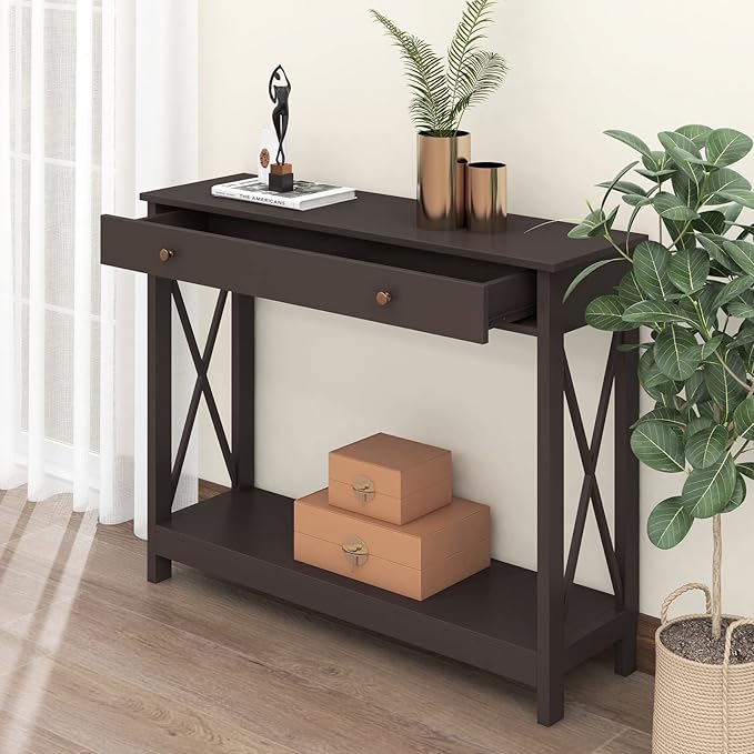 Treocho Black Console Table with Drawer and Storage Shelves, Foyer Sofa Table Narrow for Entryway, Living Room, Hallway