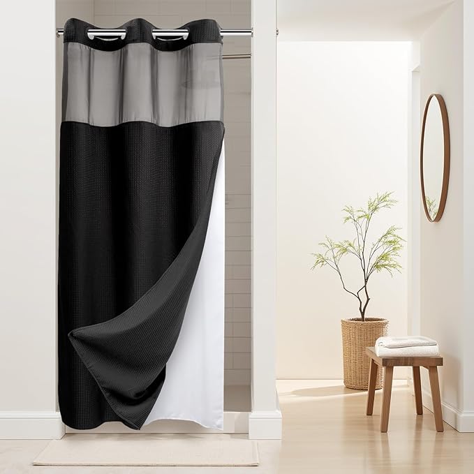 River Dream Stall Heavyweight No Hooks Required Dotted Waffle Weave Shower Curtain with Snap in Liner - 36W x 74H,Hotel Grade,Spa Like Bath Curtain,Graphite Black