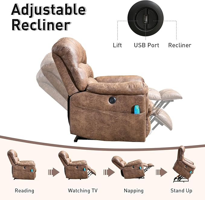 Bonzy Home Power Lift Chairs Recliner with Massage and Heating, Electric Recliner Chair with 24" Wide Seat for Big People, Full Padded Backrest, Waterproof Faux Leather, USB Charging Ports, Brown
