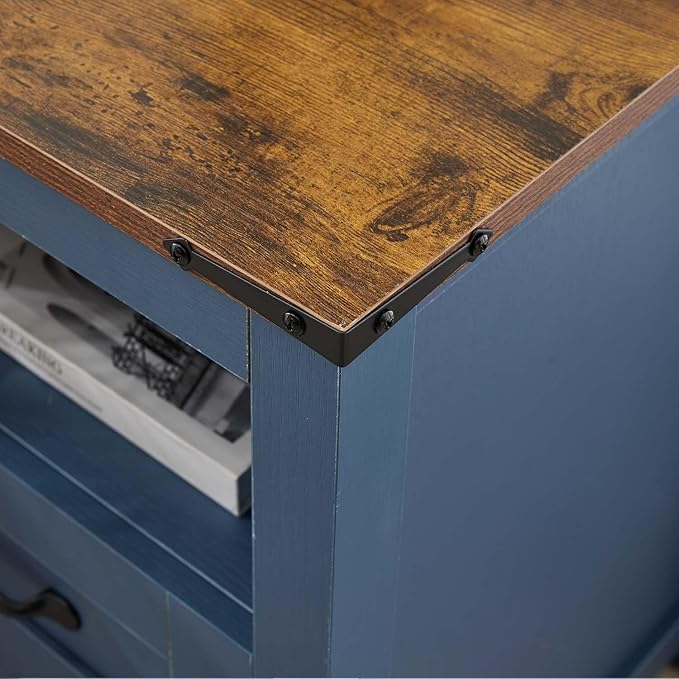 Farmhouse Night Stand, Rustic Blue Nightstand for Bedroom, End Tables Without Charging Station, Bedside Table with Drawers, Wood Bedside Cabinet Dresser