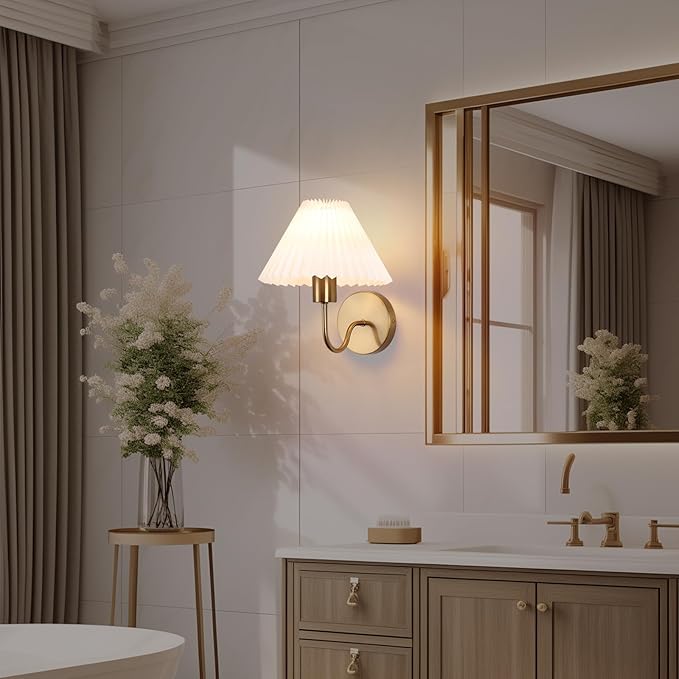 Brushed Gold Wall Sconces Sets of 2, White Pleated Fabric lampshade, Indoor Gooseneck Wall Lamp Lighting, Bathroom Dresser Hardwired sconces wall decor Fixture for Living Room Bedroom Dining Room