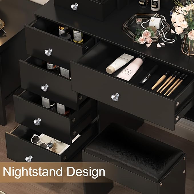 Vanity Desk with Mirror and Lights, Makeup Vanity Desks with Drawers and Shelves, Vanity Table with Adjustable Lighting and 3 Lighting Modes, Black Dressing Table with Stool for Bedroom Dressing Room