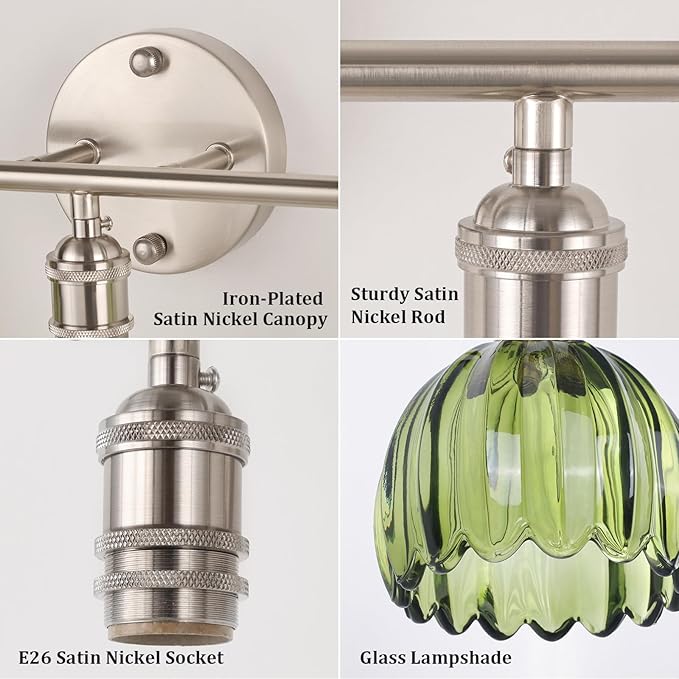 Bathroom Light Fixtures, 3-Light Vanity Wall Light Over Mirror with Green Tulip Glass Shade for Bedroom Living Room, Satin Nickel