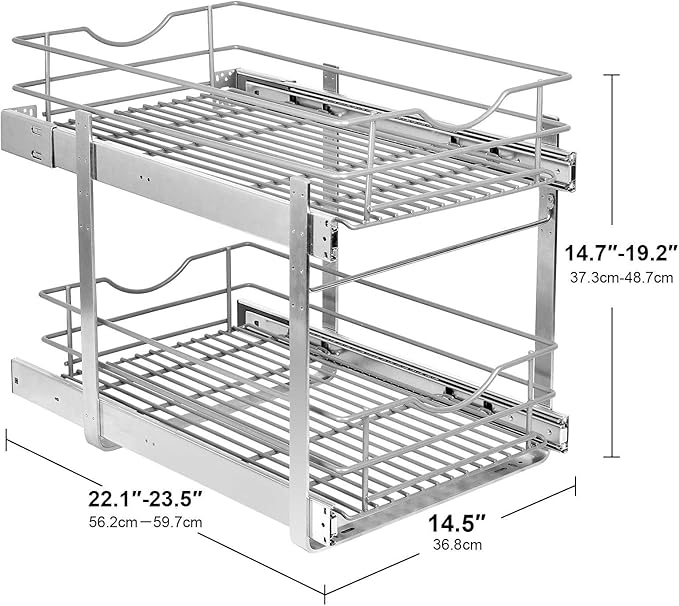 2 Tier Pull Out Cabinet Organizer,(14½"W x 22" D) Soft Close Slide Out Drawer For Kitchen Base Cabinet, Individual Pull Out Shelf, Roll Out Pantry Organization, 22 Inch Deep