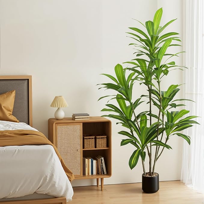 Artificial Dracaena Tree 6FT Tall, Realistic Faux Indoor Floor Plant for Home & Office Decor, Black Round Planter with Decorative Stones – UPBUD