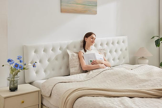 Kingfun Tufted Upholstered King Size Bed Headboard in Modern Button Design, Adjustable Solid Wood Head Board, Premium Velvet Fabric Padded Headboards in Bedroom (White)