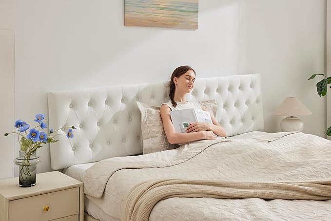 Kingfun Tufted Upholstered Queen Size Bed Headboard in Modern Button Design, Adjustable Solid Wood Head Board, Premium Velvet Fabric Padded Headboards in Bedroom (White)