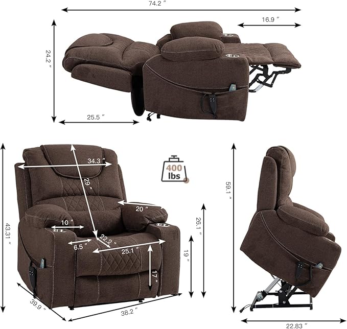180 Degrees Lay Flat Lift Recliner Chair with Heat and Massage, Dual Motor Infinite Position Electric Power Lift Recliners for Elderly, Big Man Up to 400 LBS, Seniors, White