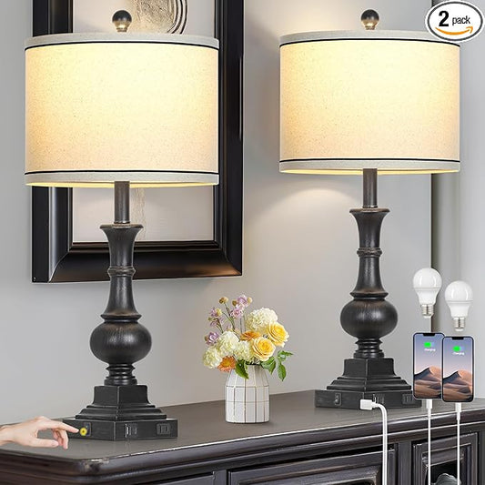 Farmhouse Lamps Set of 2, Vintage Rustic Black Table Lamps with USB A+C Fast Ports & AC Outlets, Traditional Nightstand Bedside Lamp for Living Room Bedrooms Home Office(2 LED Bulbs Included)