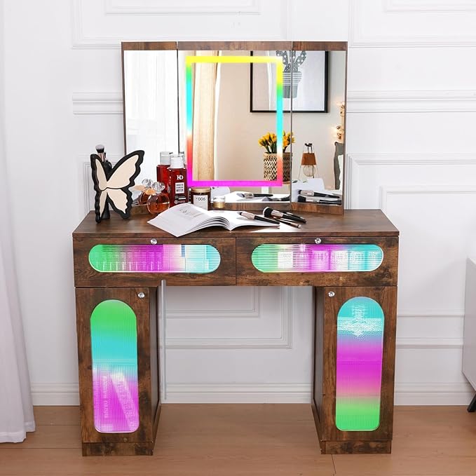 Vanity Desk with Tri-Fold Mirror and Lights, LED Makeup Vanity with 2 Drawers, 2 Doors Storage, Gifts for Girls/Women (Rustic)