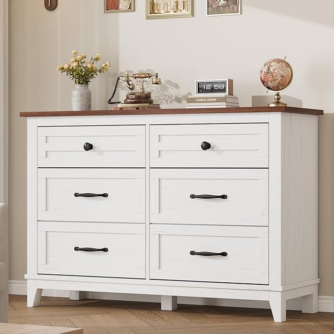 GarveeHome 6 Dresser for Bedroom, 47" Wide Drawer Dresser with Storage Freestanding, Wooden Closet Storage Chest for Living Room, Bedroom, Entryway, White+Brown