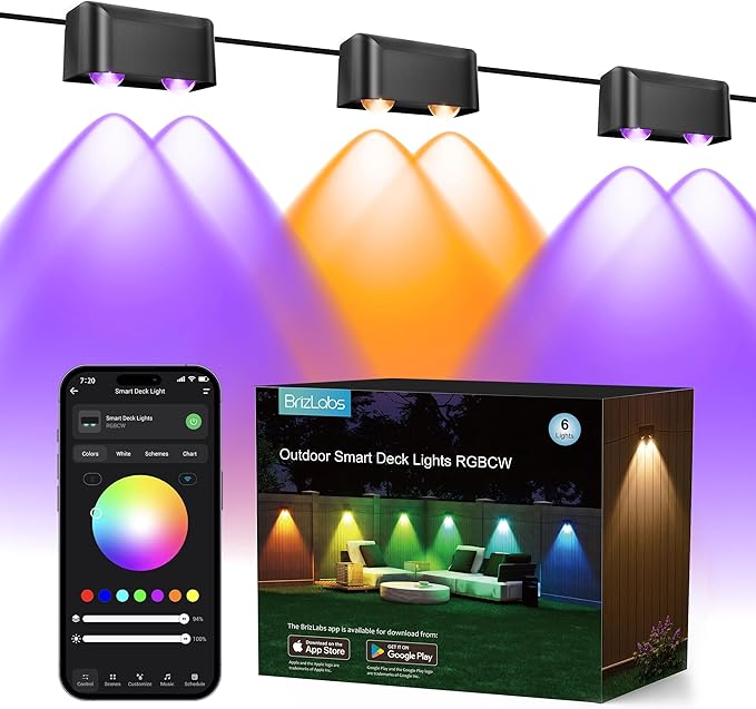 BrizLabs Smart Deck Lights, 6 Lamps RGBCW Outdoor Fence Lights Work with Alexa & Google Home, IP65 LED Patio Deck Lighting APP Controlled, Purple Orange Fence Lighting Music Sync for Patio Yard Garden