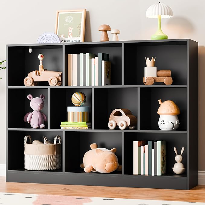 Cozy Castle Black Bookshelf, 3-Tier Open Shelf Bookcase, 10 Cube Storage Organizer with Anti-Tilt Device for Bedroom, Living Room, 55.11" W x 11.61“D x 40.94“H