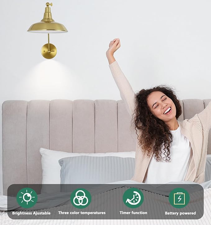 Gold Vintage LED Wall Sconce Set of 2, Wireless Battery Powered Wall Sconce with Remote Control, Dimmable Lighting for Bedroom, Hallway, Farmhouse Indoor Wall Sconce