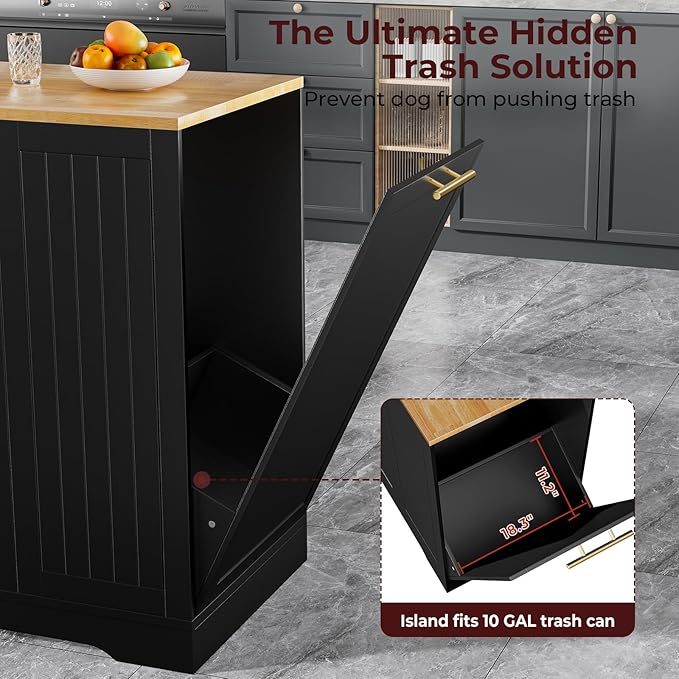 53" Long Kitchen Island with Trash Can Storage, Black Kitchen Cart with Garbage Bin 10 Gallon, Wood Island with Trash Can, Wood Top, Spice Rack and Drawers