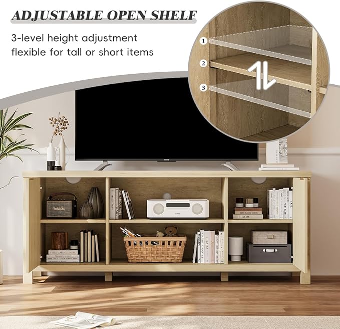 Fluted TV Stand for TVs up to 65'',Mid Century Modern Entertainment Center with Adjustable Shelves, Wood Media TV Console Cabinet with Fluted Doors for Living Roon Bedroom Natural LTV90Y