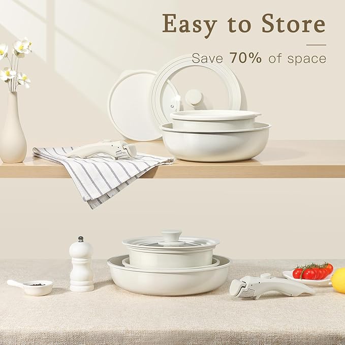 GiPP Ceramic Pots and Pans Set Non Stick, Nonstick Detachable Handle Cookware Sets, Healthy Non Toxic PFAS PFOA & PTFE Free, Dishwasher ＆Oven Safe, Induction Kitchen Pot and Pan, 21 Piece Cream