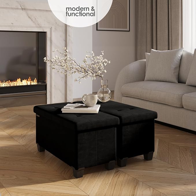 STORAGEBUD Storage Ottoman Bench with Bins, 30-in Storage Bench for Bedroom End of Bed, Folding Foot Rest Ottoman for Living Room Max 660lbs, Velvet Ottomans, Black