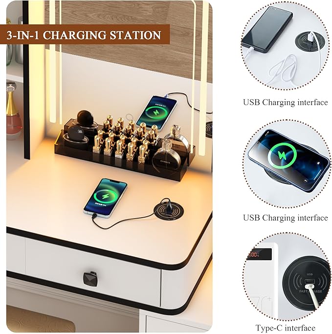 soges Vanity Desk Set, Combined Makeup Vanity LED Mirror and Lights, Cushioned Stool, Dressing Table with Storage Cabinet, Storage Drawers & Shelves, Wireless Power Outlests, White