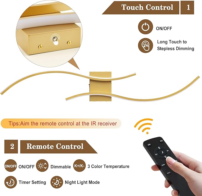 Battery Operated Wall Sconces Set of Two with Remote Control, Stepless Colors 3000K-6000K & Dimming, LED Gold Wireless Wall Light for Living Room, Hallway, Bedroom, 39.3 Inch (2 Pack)