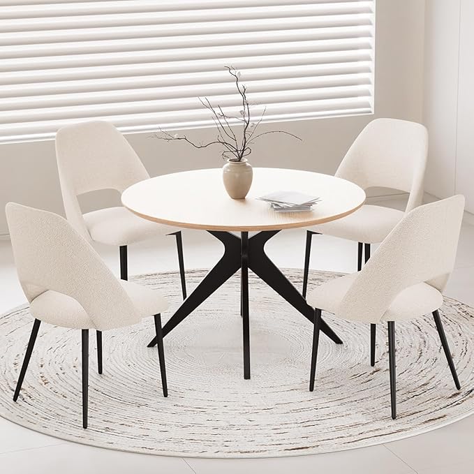Kidol & Shellder 45.2" Round Dining Table Set for 2-4 People Modern MDF Wooden Dining Room Round Table with X-Shaped Metal Base Kitchen Table（Natural Table+4pcs Beige Chairs）