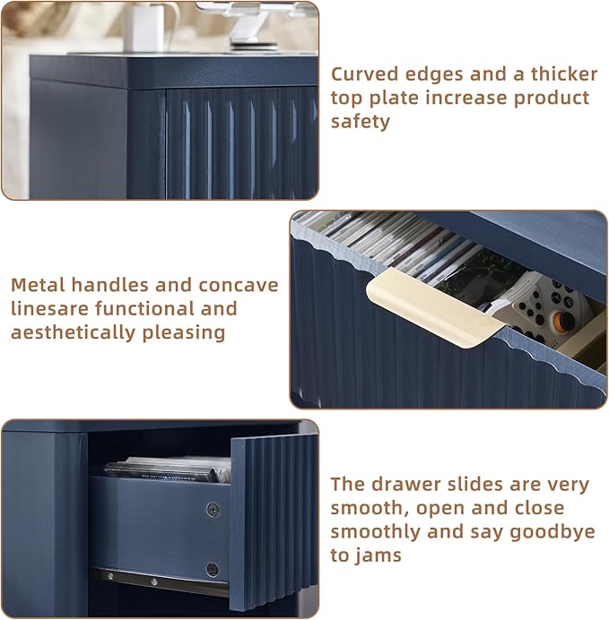 LEYAOYAO Fluted Nightstand with Charging Station, 23" Wide 1 Drawers Night Stand,Blue End Table with Open Storage,Farmhouse Bed Side Tables, Wood Dresser for Bedroom, Living Room, Closet