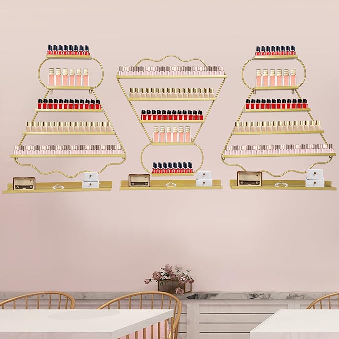Metal Wall Mounted Nail Polish Racks Display Rack Cosmetic Display Case Lipstick Perfume Wall Shelf Essential Oil Organizer for Nail Polish Bottles Spa Nail Salon Shop (Gold)