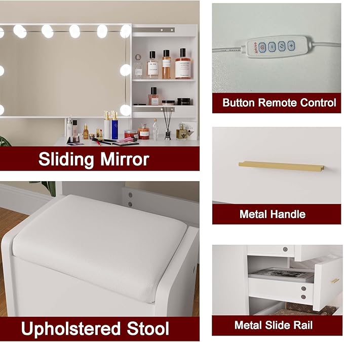 Vanity Desk with Mirror and Lights, Modern Makeup Vanity with Sliding Mirror and 10 LED Light Bulbs, Makeup Vanity Set with 5 Drawers, Hidden and Open Storage Shelves, Vanity Table for Bedroom, White