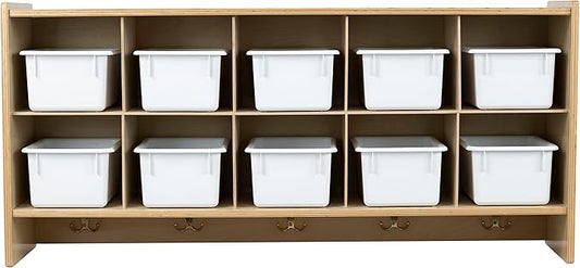 Montessori 10 Section Wall Cubbies, Hanging Cubby Home-School Organizer Shelf with White Storage Bins and Hooks, Kids Friendly, Built to Last
