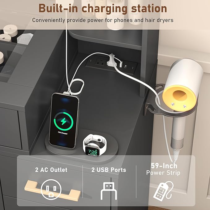 Glass Top Vanity Desk with Mirror and Lights, Large Vanity Makeup Mirror Desk with Charging Station Compartment Storage Drawers, Modern Makeup Vanity with 9 Drawers 6 Shelves, Black