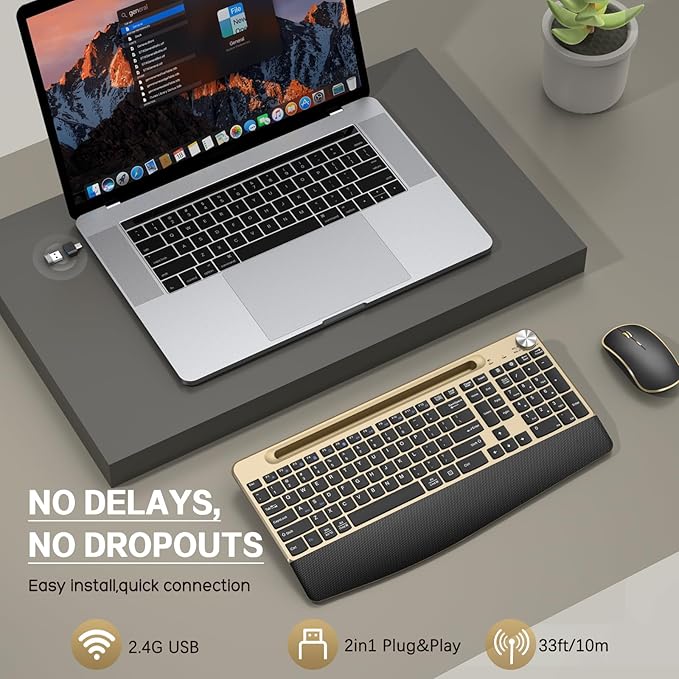 JOYACCESS Wireless Keyboard and Mouse Combo,Full-Sized 2.4GHz Wireless Keyboard with Comfortable Palm Rest,Volume Roller& Tilt Legs 2.4GHz Cordless Connection for Mac/Windows