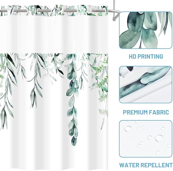 No Hook Shower Curtain with Snap in Liner - Fabric Waterproof Inner Liner, Plants Watercolor Green Eucalyptus Leaves Farmhouse Cloth Shower Curtains - Machine Washable, 71 x 74 Inch