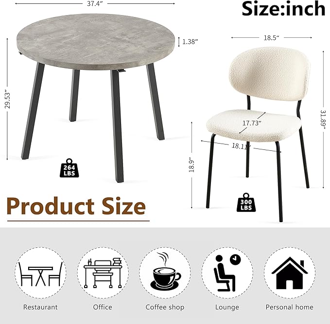 Modern Dining Table Set for 4, Industrial Kitchen Table Set, 37" Round MDF Living Coffee Table with 4 Seated Boucle Dining Chairs Upholstered, Metal Legs for Dining Hall, Living Room
