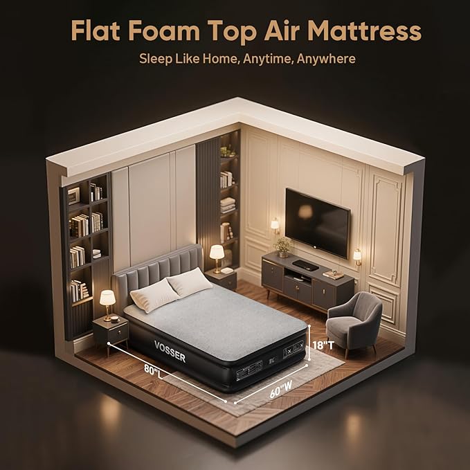 Queen Air Mattress with Built-in Pump,18'' Foam Topper Blow Up Mattress,Luxury Inflatable Mattress 2 Mins Self-Inflation/Deflation - Breathable and Flatness-Free for Camping, Home & Guests
