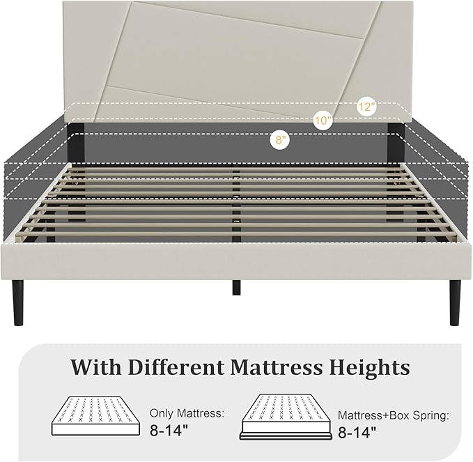 Queen Size Bed Frame, Queen Platform Bed Frame with Velvet Upholstered Headboard, Geometric Pattern, Sturdy Frame and Slats, Noiseless, No Springs Required, Easy to Assemble，Beige