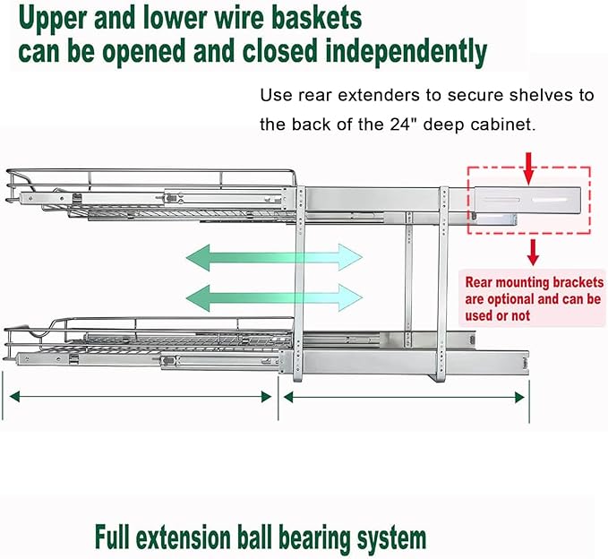 DINDON 2 Tier Pull Out Cabinet Organizer (20" W X 21" D), Double Tier Wire Basket Slide Out Shelf Storage for Kitchen Base Cabinet Organization for Kitchen, Pantry, Bathroom, Chrome