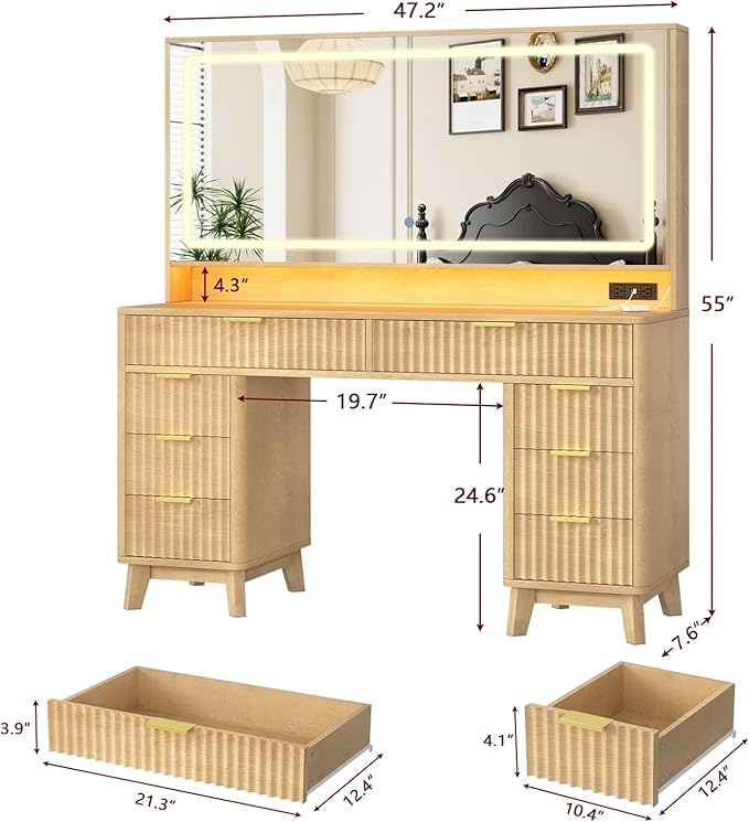 Fluted Vanity Desk with 46" Large Mirror and Lights, Big Vanity Table with Charging Station & RGB Lights, Makeup Vanity Mirror with Light Desk and 8 Drawers, Bedroom Vanity Dressing Table for Women