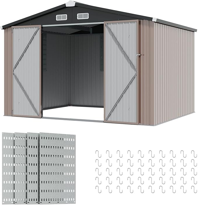 Aoxun 9.5x7.5 FT Shed with 4 Pegboards and 50 Hooks Outdoor Waterproof Storage Shed Steel Utility Garden Tool Shed with Door & Lock Outdoor Storage for Garden Patio Lawn Poolside, Brown