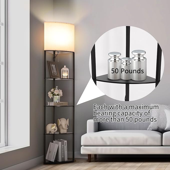 Floor Lamp with Shelves, Sector Corner Shelf Lamp with 3 Color Temperature Bulb, with Linen Lampshade Bookshelf Corner Display Lamp for Living Room, Bedroom and Office(Black)